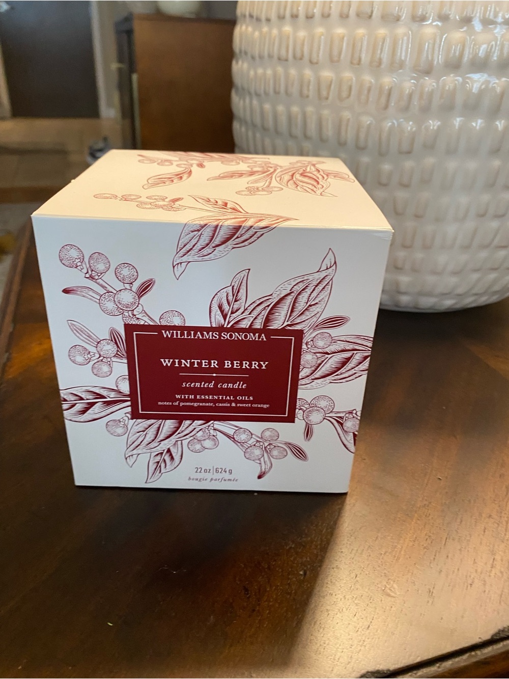 Williams Sonoma Winter Berry Candle — Cream Box with Red Accents